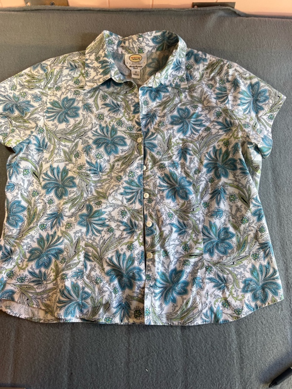 Talbots White Button-Up Shirt with Teal & Green Paisley Print